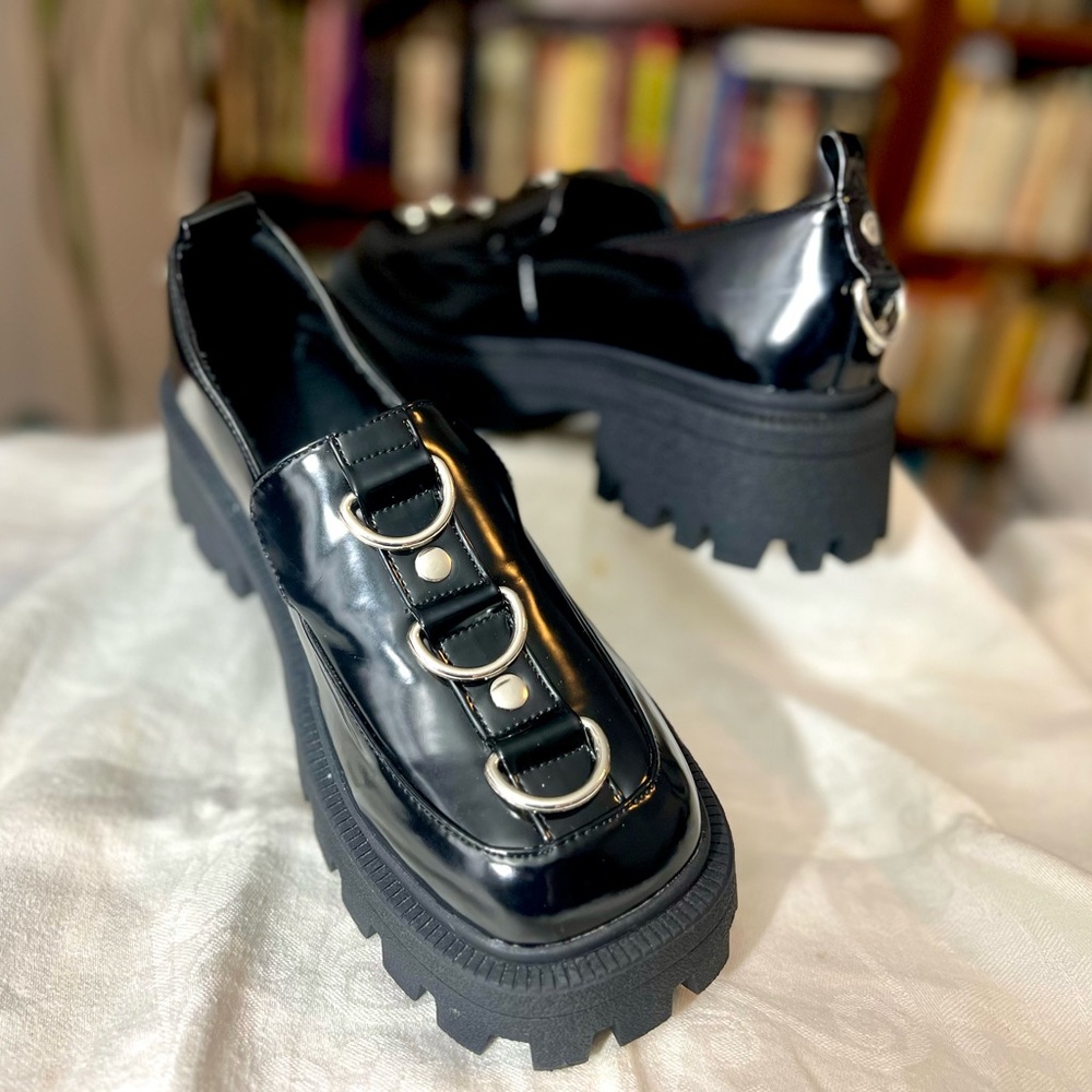 ASOS chunky loafer in patent leather with chrome bling accents.